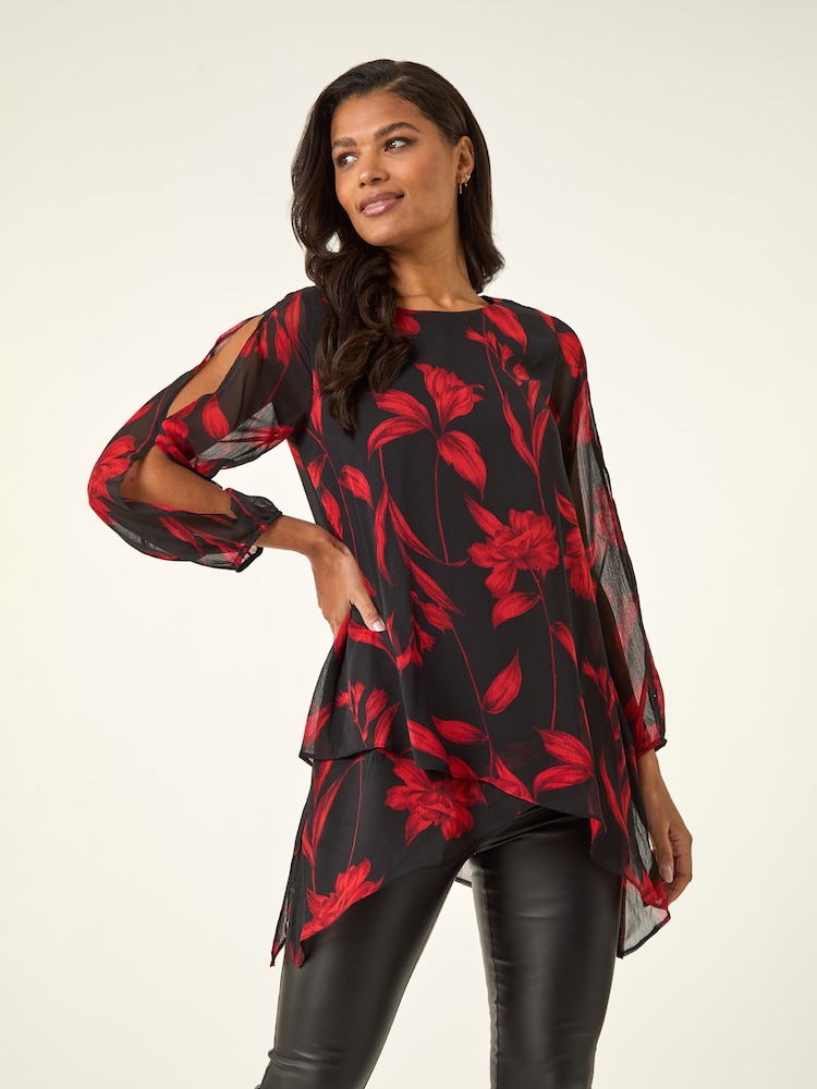 Roman Red Floral Chiffon Layered Tunic Top - Image 1 of 5 Roman Red Floral Chiffon Layered Tunic Top - Image 1 of 5
