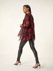 Roman Red Floral Chiffon Layered Tunic Top - Image 3 of 5