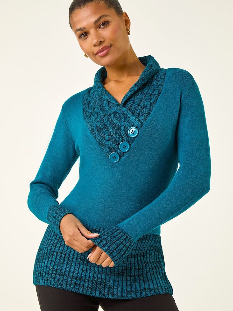 Roman Blue V-Neck Overlap Button Detail Longline Jumper - Image 1 of 4 Roman Blue V-Neck Overlap Button Detail Longline Jumper - Image 1 of 4