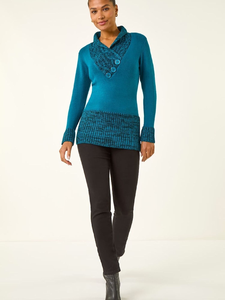Roman Blue V-Neck Overlap Button Detail Longline Jumper - Image 2 of 4 Roman Blue V-Neck Overlap Button Detail Longline Jumper - Image 2 of 4