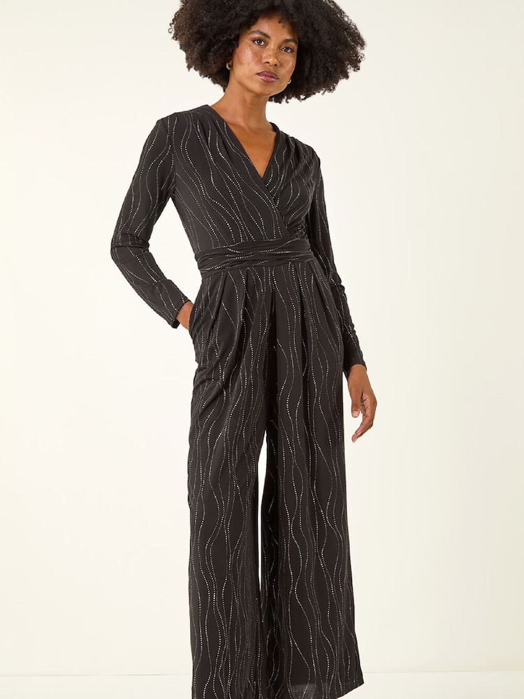 Roman Black Embellished Wide Leg Stretch Jumpsuit - Image 1 of 5 Roman Black Embellished Wide Leg Stretch Jumpsuit - Image 1 of 5