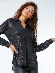 Roman Black Stretch Sequin V-Neck Shirt - Image 1 of 5