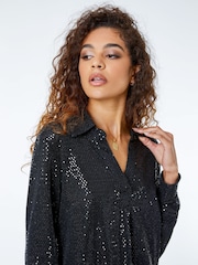Roman Black Stretch Sequin V-Neck Shirt - Image 3 of 5