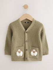 Khaki Green Sheep Character Cardigan (3mths-7yrs) - Image 1 of 4