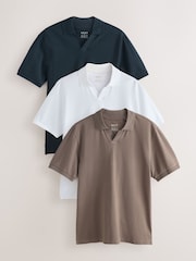 Brown/Navy/White Short Sleeve Pique Polo Shirts 3 Pack - Image 1 of 6