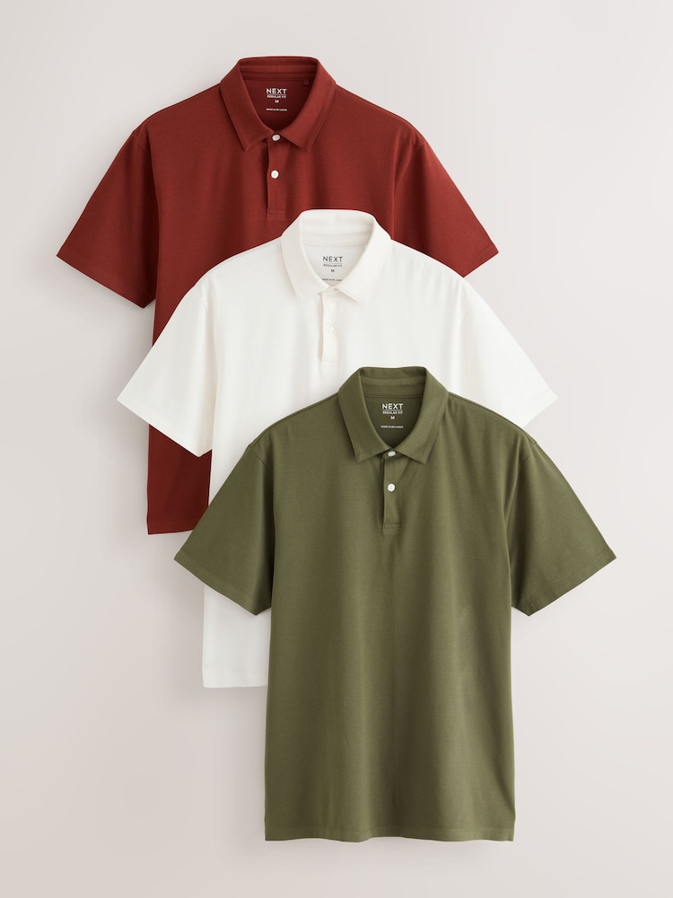 Rust Red/Ecru/Khaki Green Plain Motionflex Short Sleeve Jersey Polo Shirts 3 Pack - Image 1 of 9 Rust Red/Ecru/Khaki Green Plain Motionflex Short Sleeve Jersey Polo Shirts 3 Pack - Image 1 of 9