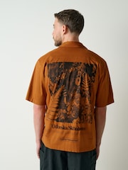 Rust Brown Leaf Relaxed Fit Back Print Revere Collar Short Sleeve Shirt - Image 1 of 6