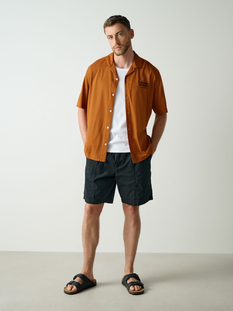Rust Brown Leaf Relaxed Fit Back Print Revere Collar Short Sleeve Shirt - Image 2 of 6 Rust Brown Leaf Relaxed Fit Back Print Revere Collar Short Sleeve Shirt - Image 2 of 6