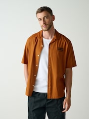 Rust Brown Leaf Relaxed Fit Back Print Revere Collar Short Sleeve Shirt - Image 3 of 6