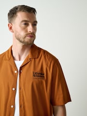 Rust Brown Leaf Relaxed Fit Back Print Revere Collar Short Sleeve Shirt - Image 4 of 6