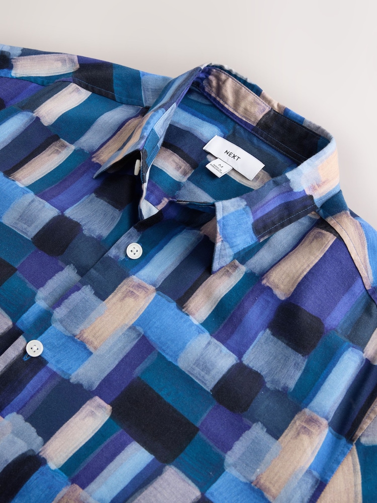 Blue Patchwork Print Short Sleeve Shirt - Image 3 of 3 Blue Patchwork Print Short Sleeve Shirt - Image 3 of 3