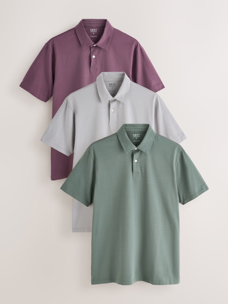 Purple/Grey/Sage Green Plain Motionflex Short Sleeve Jersey Polo Shirts 3 Pack - Image 1 of 9