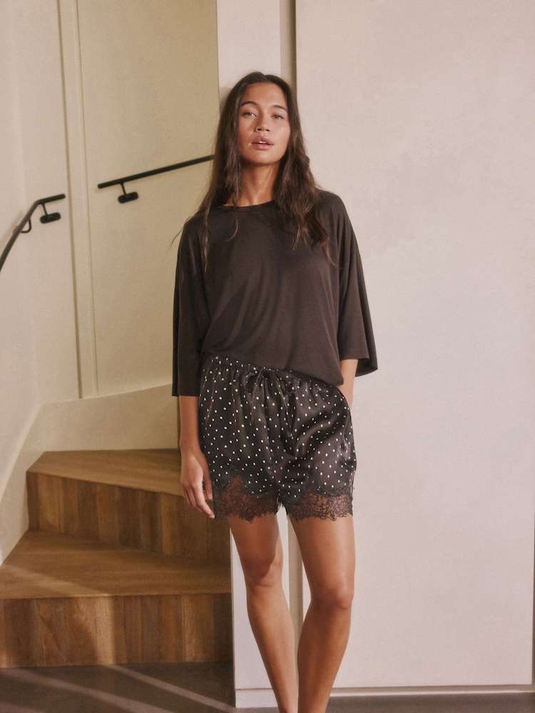 Chocolate Brown Spot Lace Detail Short Pyjamas Set - Image 2 of 6 Chocolate Brown Spot Lace Detail Short Pyjamas Set - Image 2 of 6