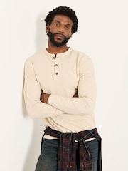 FatFace Henley Stone Long Sleeve Textured T-Shirt - Image 1 of 6