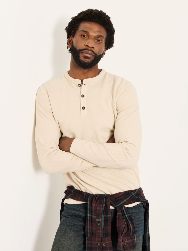 FatFace Henley Stone Long Sleeve Textured T-Shirt - Image 1 of 6