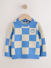 Bleu à damier - Pull col rond tricoté (3mths-7yrs) - Image 1 de 4