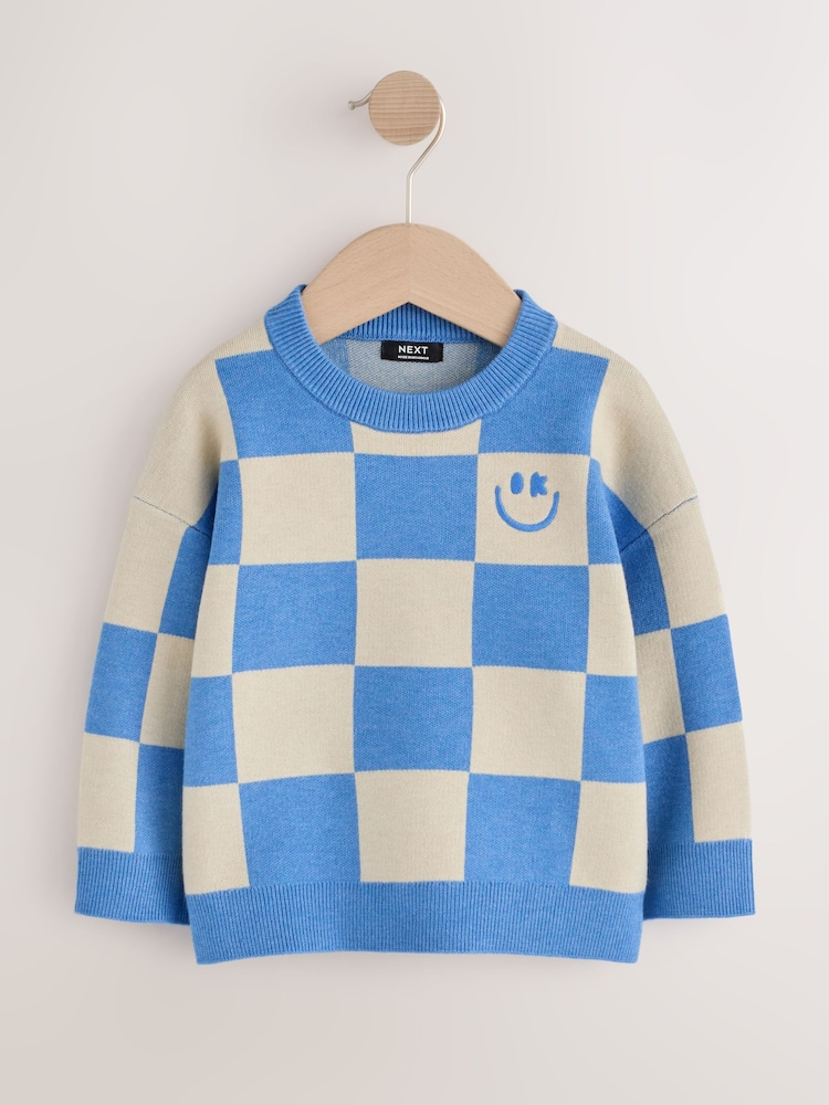 Bleu à damier - Pull col rond tricoté (3mths-7yrs) - Image 1 de 4