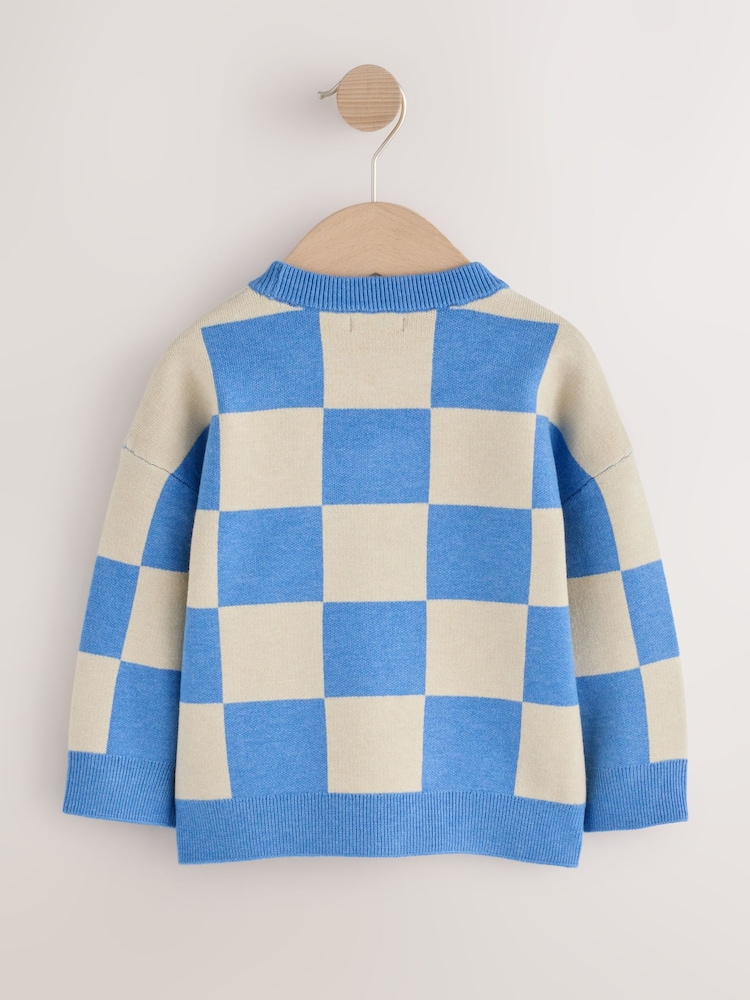 Bleu à damier - Pull col rond tricoté (3mths-7yrs) - Image 2 de 4