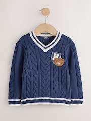 Navy Blue Cable Knit Varsity Jumper (3mths-7yrs) - Image 1 of 4