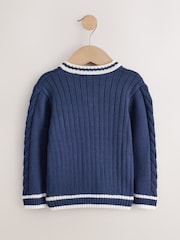 Navy Blue Cable Knit Varsity Jumper (3mths-7yrs) - Image 2 of 4