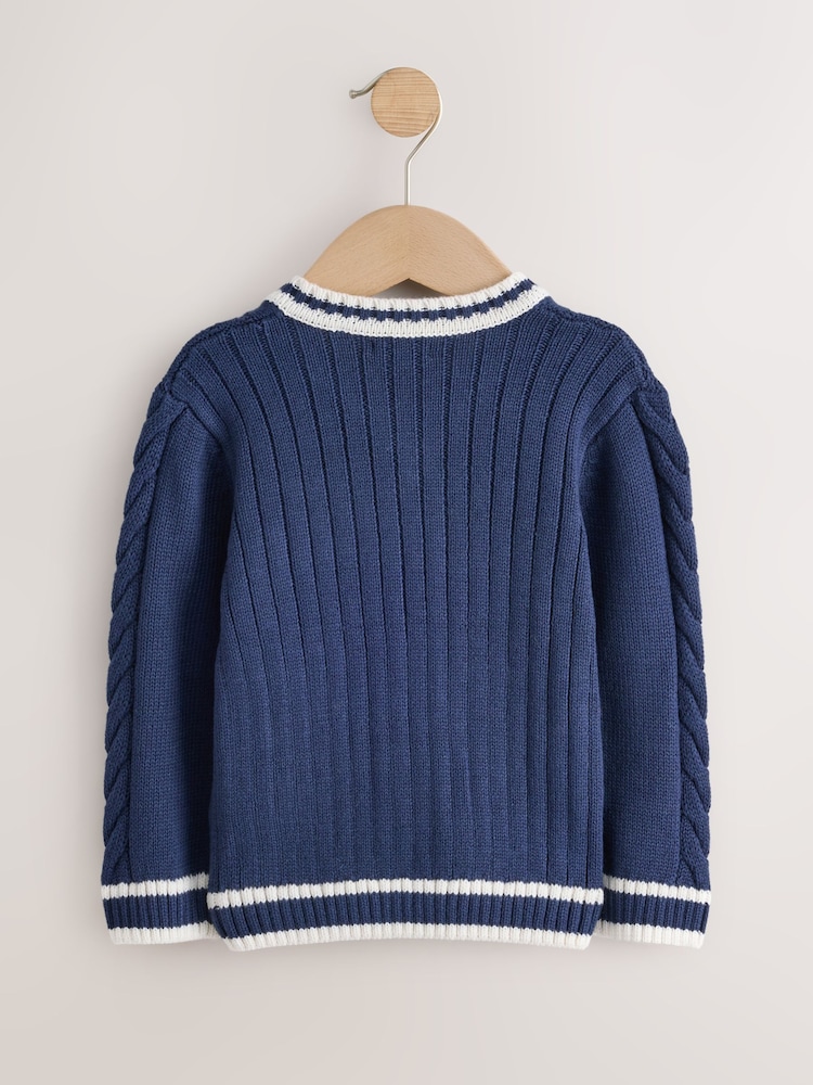 Navy Blue Cable Knit Varsity Jumper (3mths-7yrs) - Image 2 of 4