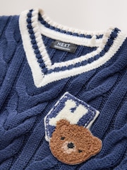 Navy Blue Cable Knit Varsity Jumper (3mths-7yrs) - Image 3 of 4