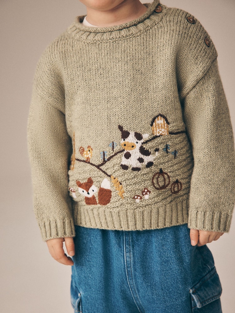 Sage Green Farm Character Knitted Crew Neck Jumper (3mths-7yrs) - Image 2 of 4 Sage Green Farm Character Knitted Crew Neck Jumper (3mths-7yrs) - Image 2 of 4