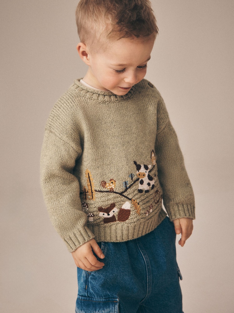 Sage Green Farm Character Knitted Crew Neck Jumper (3mths-7yrs) - Image 4 of 4 Sage Green Farm Character Knitted Crew Neck Jumper (3mths-7yrs) - Image 4 of 4