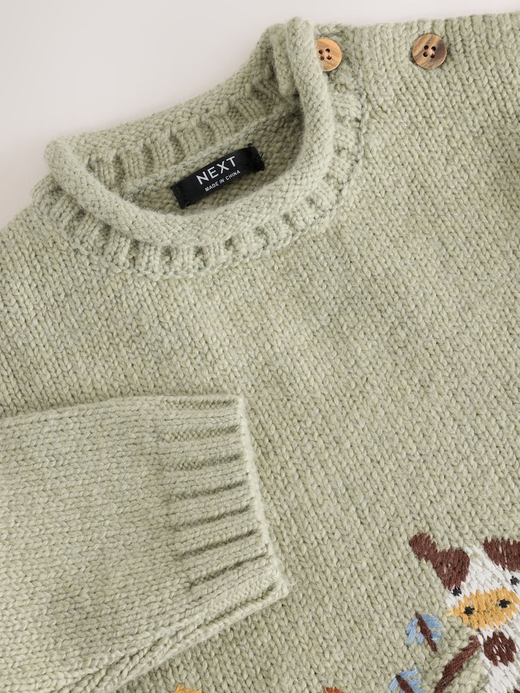 Sage Green Farm Character Knitted Crew Neck Jumper (3mths-7yrs) - Image 8 of 8 Sage Green Farm Character Knitted Crew Neck Jumper (3mths-7yrs) - Image 8 of 8