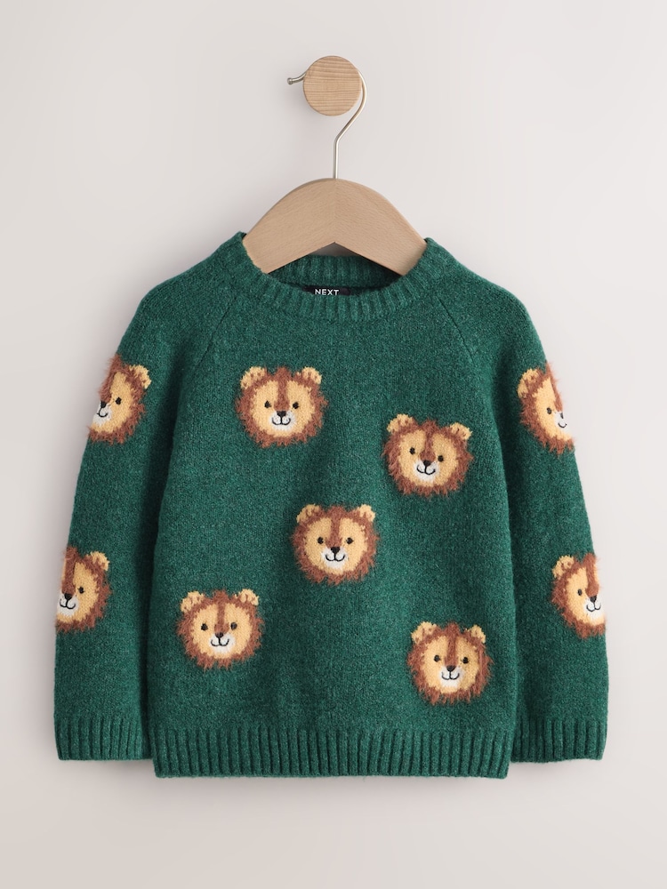 Green Lion All Over Character Knitted Crew Neck Jumper (3mths-7yrs) - Image 1 of 4 Green Lion All Over Character Knitted Crew Neck Jumper (3mths-7yrs) - Image 1 of 4