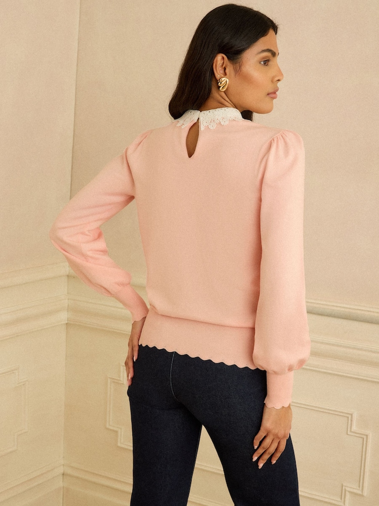 Piersică roz - Love & Roses Woven Collar Knit Jumper - Imaginea 4 din 4