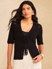 Love & Roses Black Petite Tie Front Crochet Cardigan - Image 1 of 4