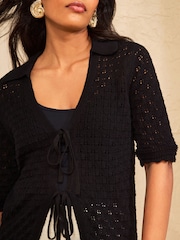 Love & Roses Black Petite Tie Front Crochet Cardigan - Image 2 of 4