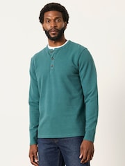 FatFace Henley Dark Teal Long Sleeve Textured T-Shirt - Image 1 of 5