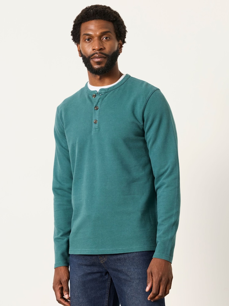 FatFace Henley Dark Teal Long Sleeve Textured T-Shirt - Image 1 of 5
