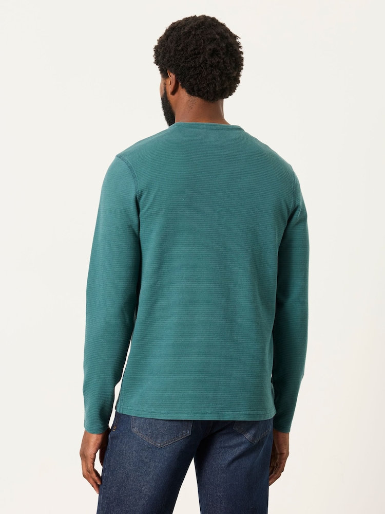 FatFace Henley Dark Teal Long Sleeve Textured T-Shirt - Image 2 of 5