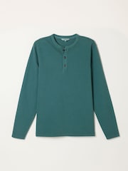 FatFace Henley Dark Teal Long Sleeve Textured T-Shirt - Image 5 of 5