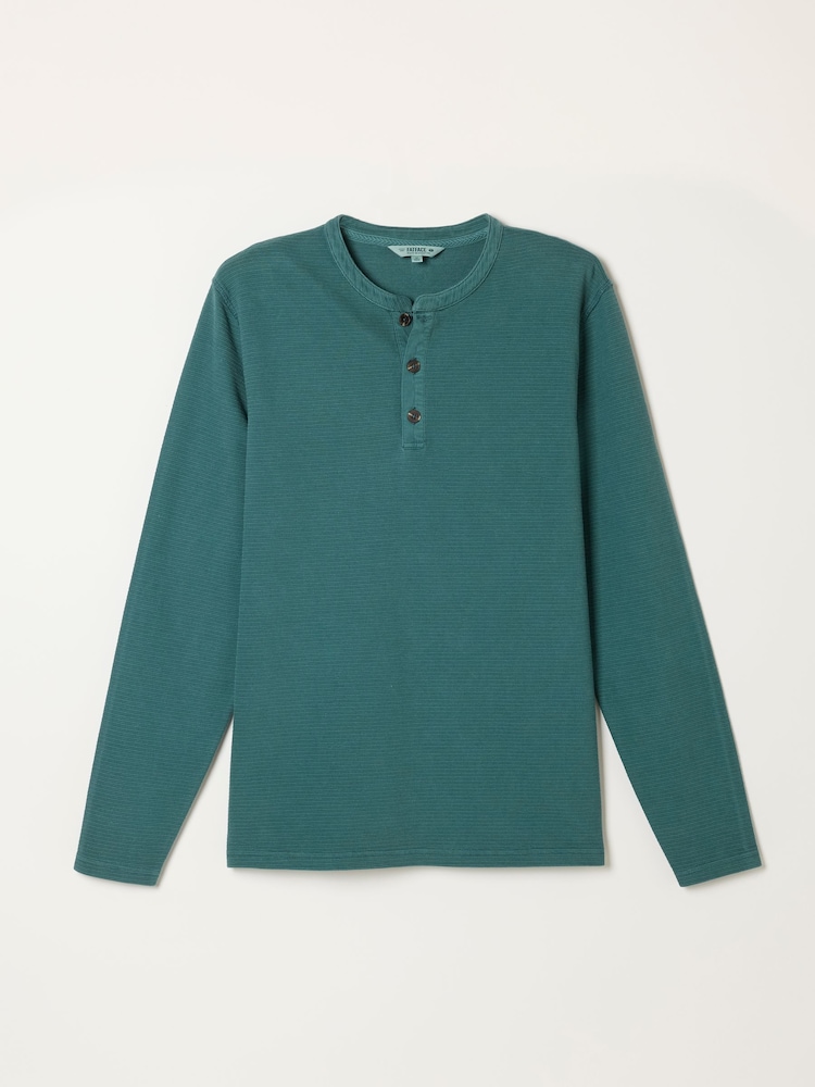 FatFace Henley Dark Teal Long Sleeve Textured T-Shirt - Image 5 of 5