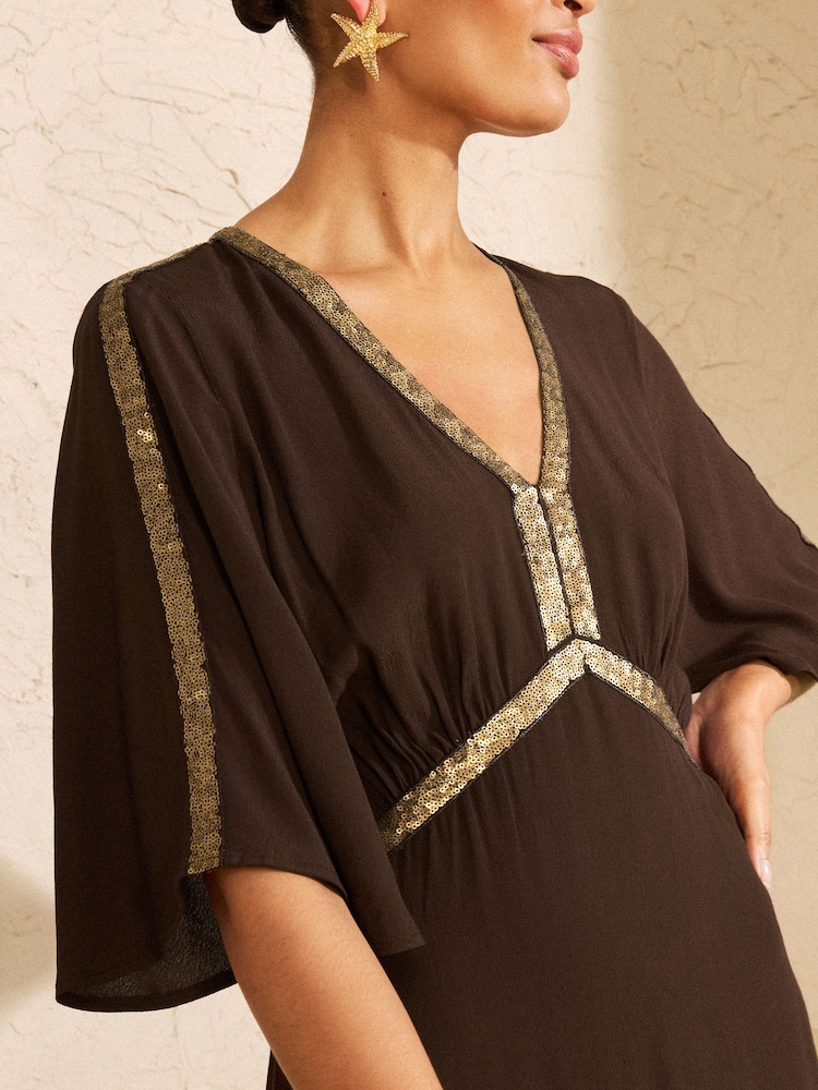 Love & Roses Chocolate Brown Petite Sequin Trim Hanky Hem Midi Dress - Image 2 of 4 Love & Roses Chocolate Brown Petite Sequin Trim Hanky Hem Midi Dress - Image 2 of 4