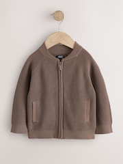 Chocolate Brown Textured Zip Through Knitted Bomber Cardigan (3mths-7yrs) - Image 1 of 5