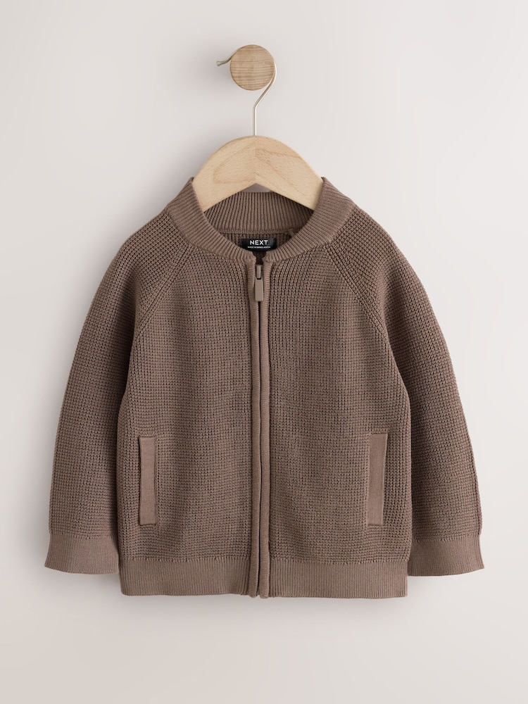 Chocolate Brown Textured Zip Through Knitted Bomber Cardigan (3mths-7yrs) - Image 1 of 5