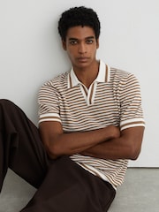 Reiss Camel/Off White Carlford Stripe Knit Open-Collar Polo Shirt With Linen - Image 1 of 7