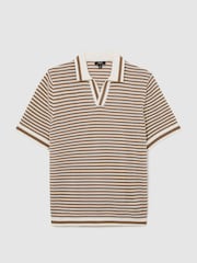 Reiss Camel/Off White Carlford Stripe Knit Open-Collar Polo Shirt With Linen - Image 2 of 7