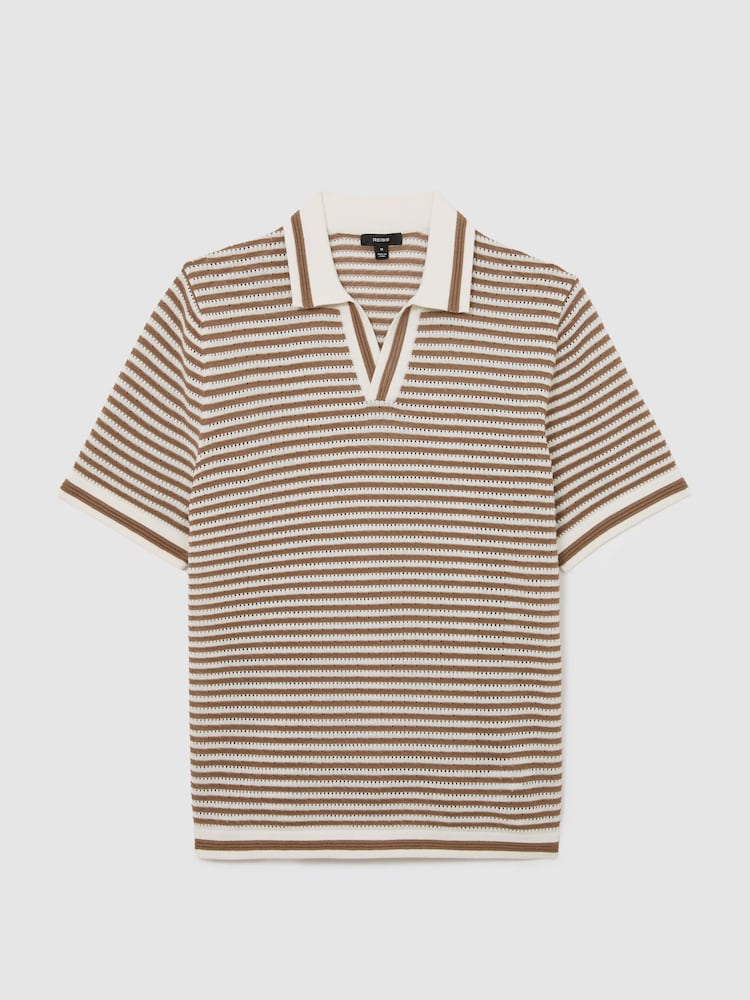 Reiss Camel/Off White Carlford Stripe Knit Open-Collar Polo Shirt With Linen - Image 2 of 7 Reiss Camel/Off White Carlford Stripe Knit Open-Collar Polo Shirt With Linen - Image 2 of 7