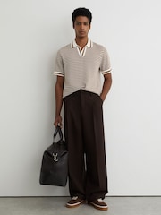 Reiss Camel/Off White Carlford Stripe Knit Open-Collar Polo Shirt With Linen - Image 3 of 7