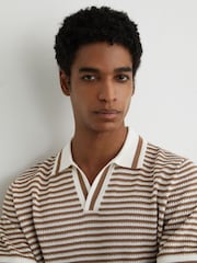 Reiss Camel/Off White Carlford Stripe Knit Open-Collar Polo Shirt With Linen - Image 4 of 7