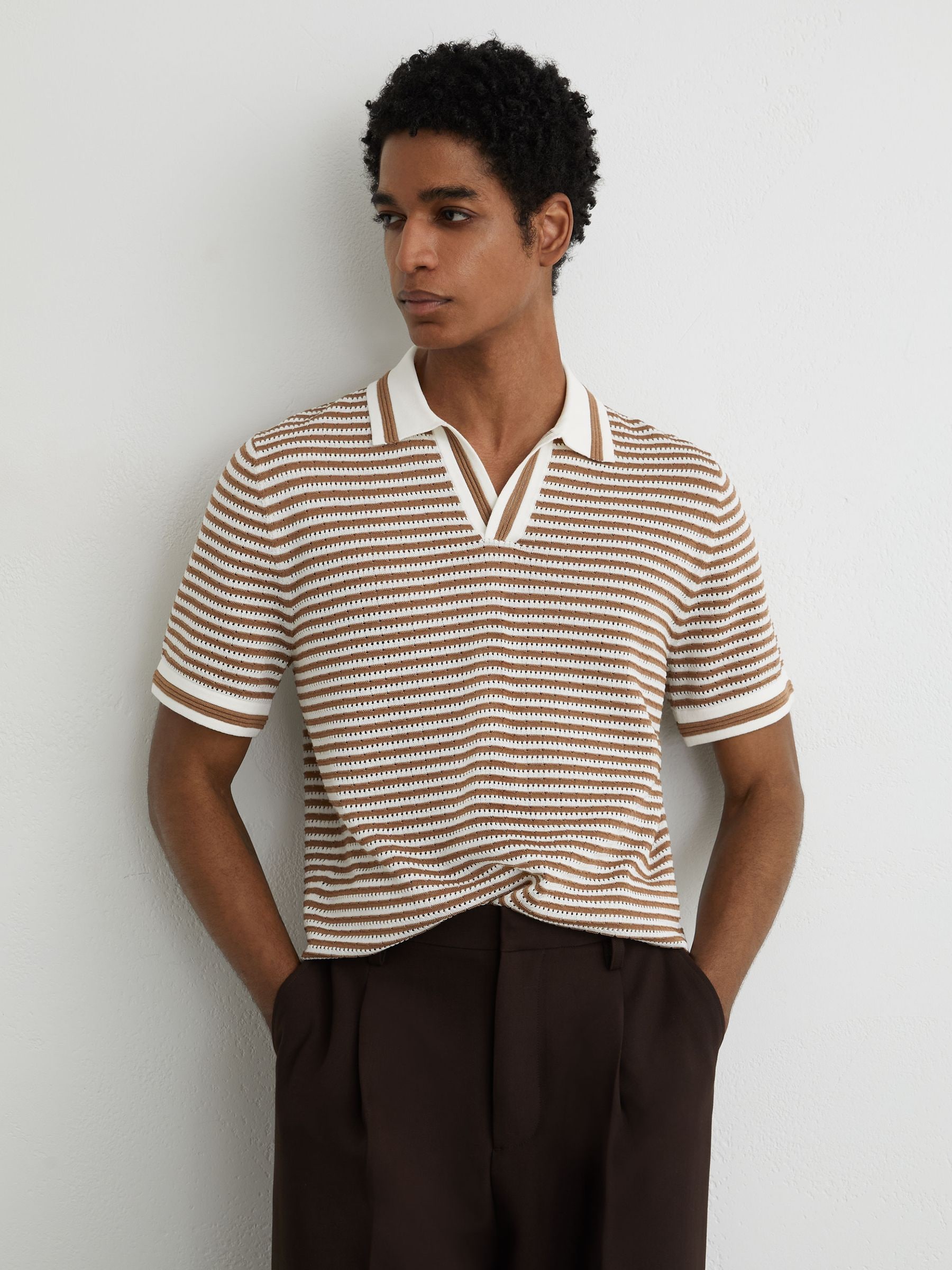 Buy Reiss Camel/Off White Carlford Stripe Knit Open-Collar Polo