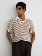 Reiss Camel/Off White Carlford Stripe Knit Open-Collar Polo Shirt With Linen - Image 5 of 7