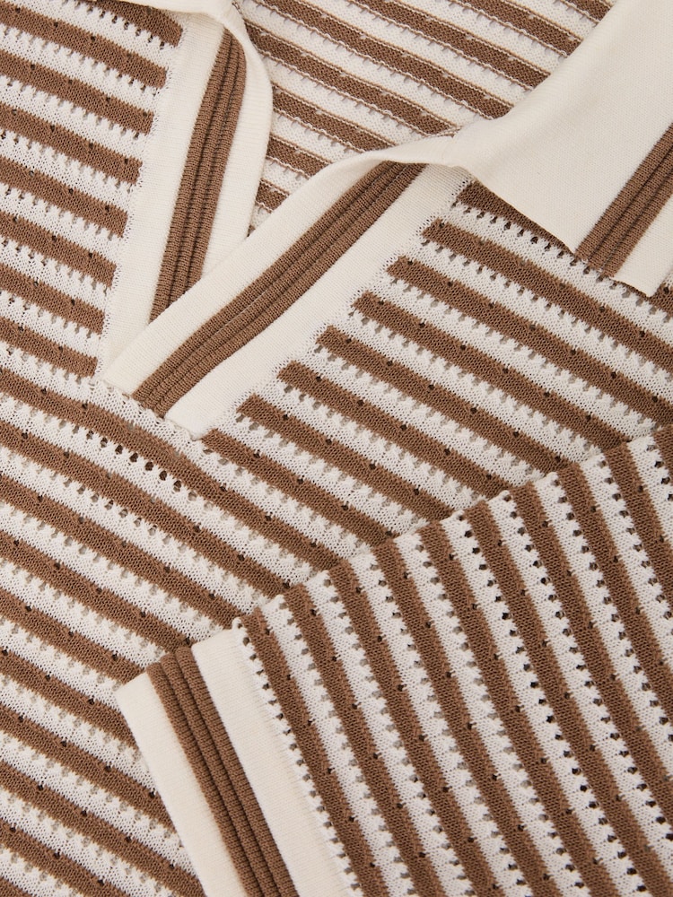 Reiss Camel/Off White Carlford Stripe Knit Open-Collar Polo Shirt With Linen - Image 7 of 7 Reiss Camel/Off White Carlford Stripe Knit Open-Collar Polo Shirt With Linen - Image 7 of 7