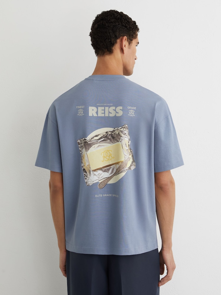 Reiss Soft Blue Walton Monogram Butter Relaxed-Fit T-Shirt - Image 1 of 6 Reiss Soft Blue Walton Monogram Butter Relaxed-Fit T-Shirt - Image 1 of 6